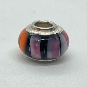 Amoré & Baci 925 Italy Pink White Orange Black Stripes Murano Glass Charm Bead